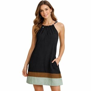 Elegant Black Midi Dress with Brown and Green Accents